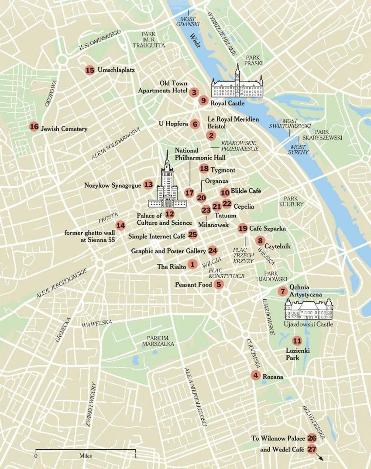 karta över Warszawa med turistattraktioner