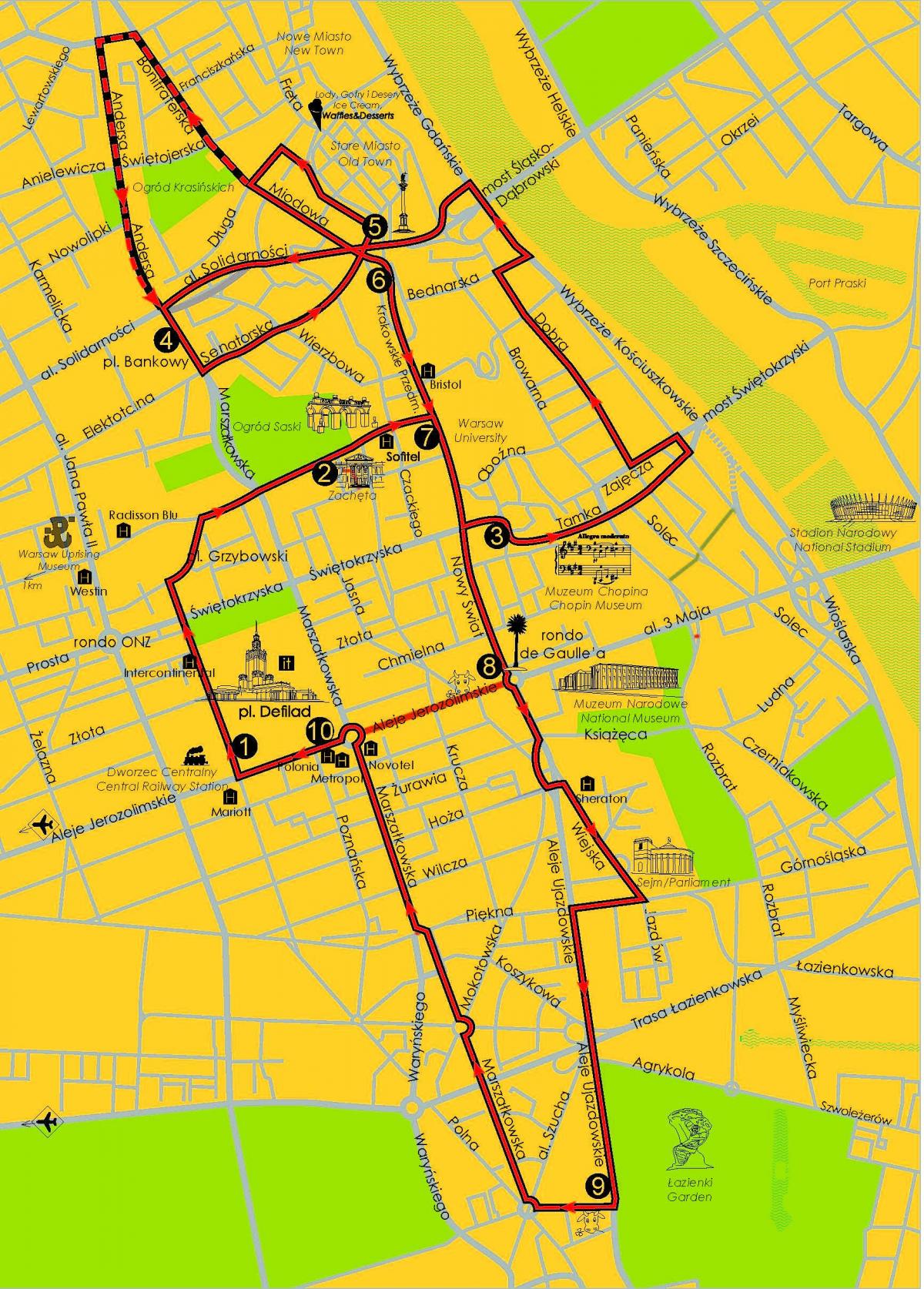 Karta över Warszawa hop on hop off buss 