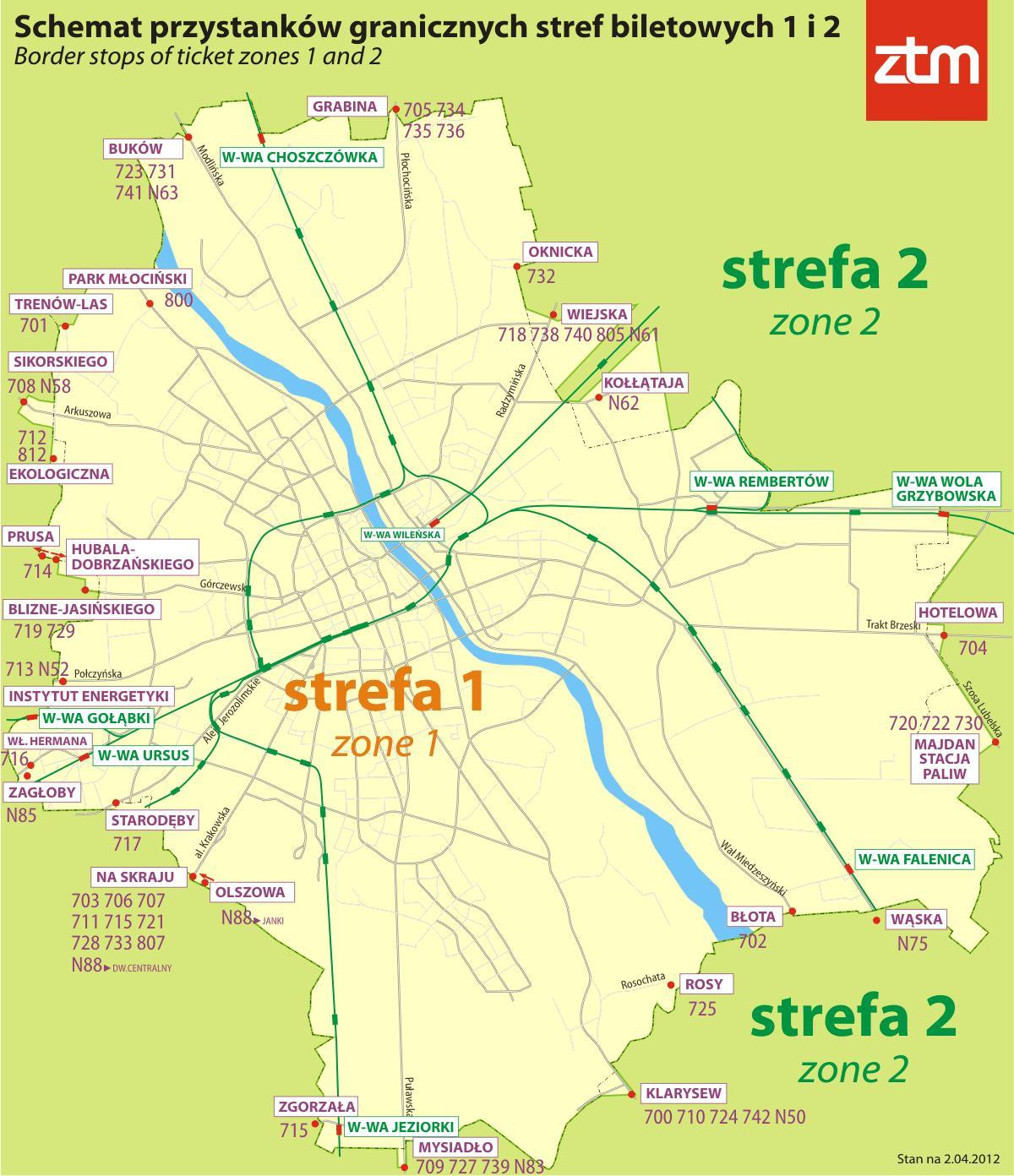 Karta över Warszawa zon 1 2 